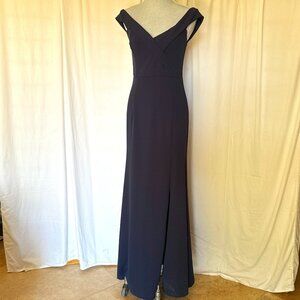 Lulu's Navy Blue Off-The-Shoulder V neck thigh slit Maxi low back dress size M